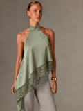 Women's Irregular Patchwork Halter Top – Elegant Lace Neck Sleeveless Blouse