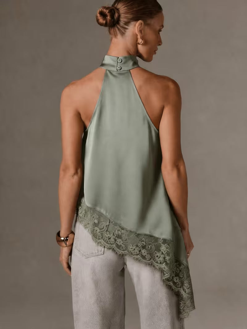 Women's Irregular Patchwork Halter Top – Elegant Lace Neck Sleeveless Blouse