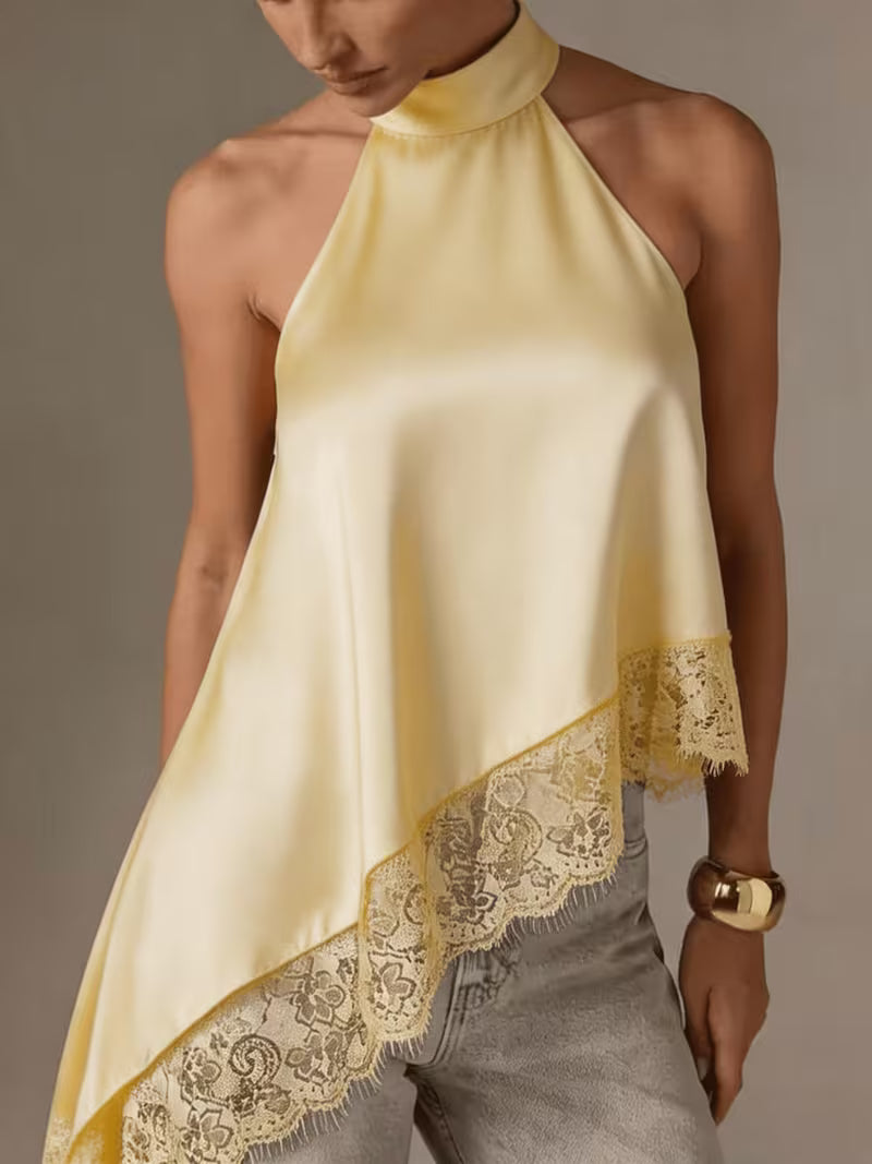 Women's Irregular Patchwork Halter Top – Elegant Lace Neck Sleeveless Blouse