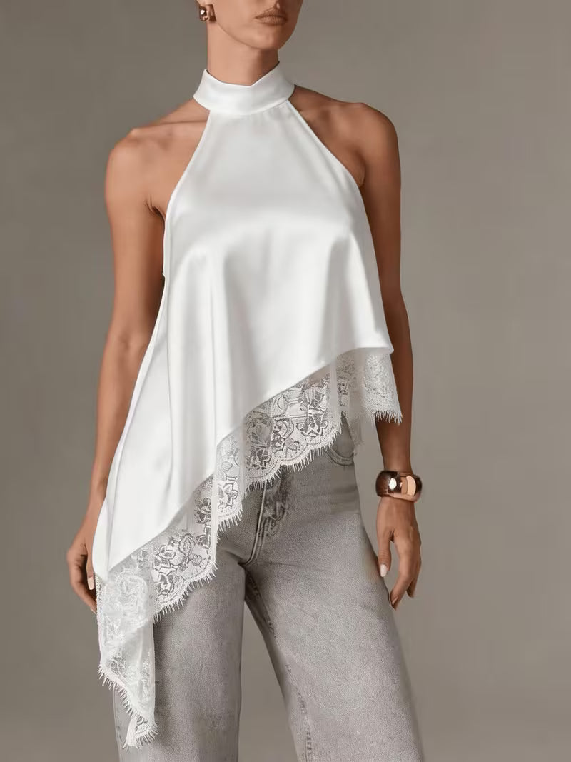 Women's Irregular Patchwork Halter Top – Elegant Lace Neck Sleeveless Blouse