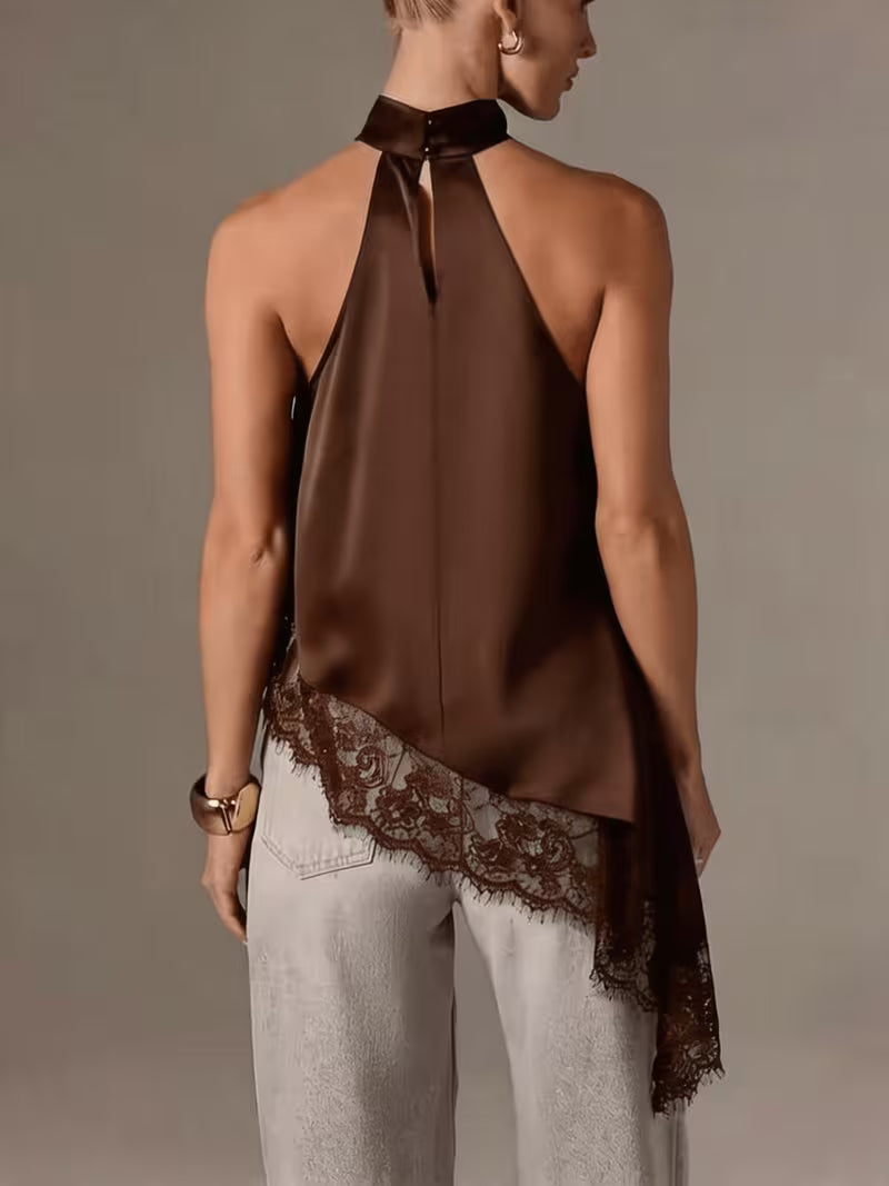 Women's Irregular Patchwork Halter Top – Elegant Lace Neck Sleeveless Blouse