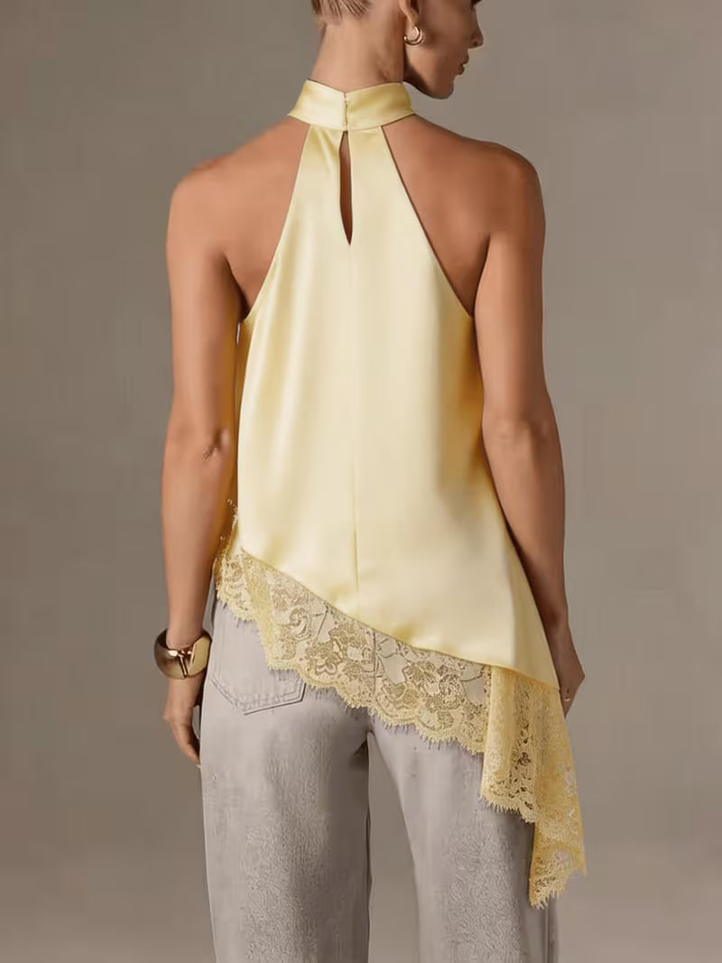 Women's Irregular Patchwork Halter Top – Elegant Lace Neck Sleeveless Blouse