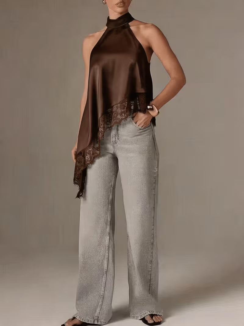 Women's Irregular Patchwork Halter Top – Elegant Lace Neck Sleeveless Blouse