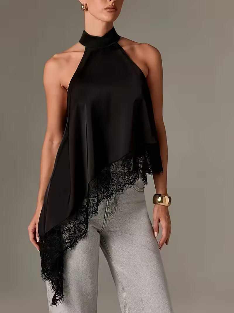 Women's Irregular Patchwork Halter Top – Elegant Lace Neck Sleeveless Blouse
