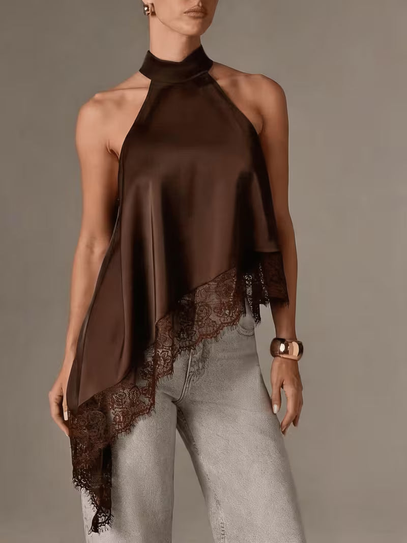 Women's Irregular Patchwork Halter Top – Elegant Lace Neck Sleeveless Blouse