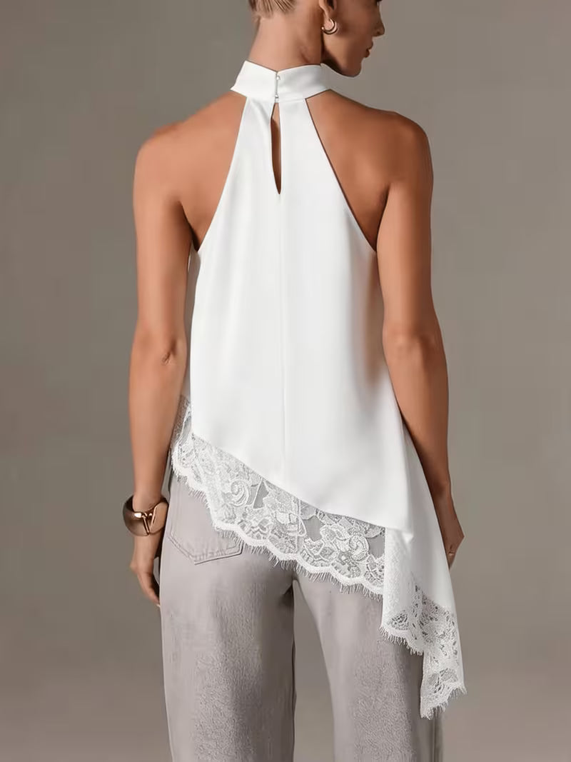 Women's Irregular Patchwork Halter Top – Elegant Lace Neck Sleeveless Blouse
