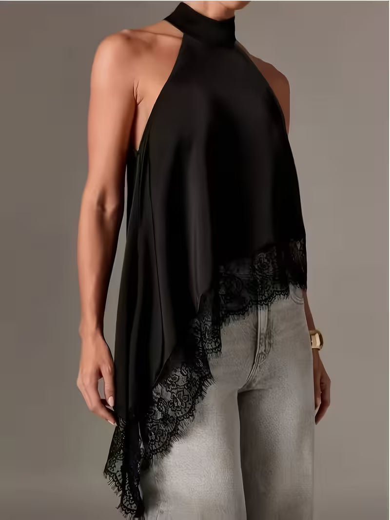 Women's Irregular Patchwork Halter Top – Elegant Lace Neck Sleeveless Blouse