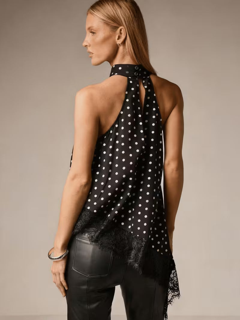 Women's Irregular Patchwork Halter Top – Elegant Lace Neck Sleeveless Blouse