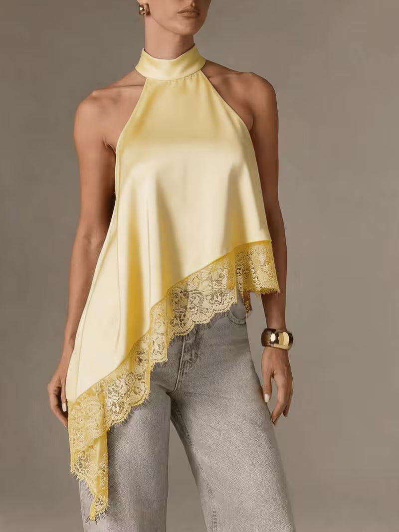 Women's Irregular Patchwork Halter Top – Elegant Lace Neck Sleeveless Blouse