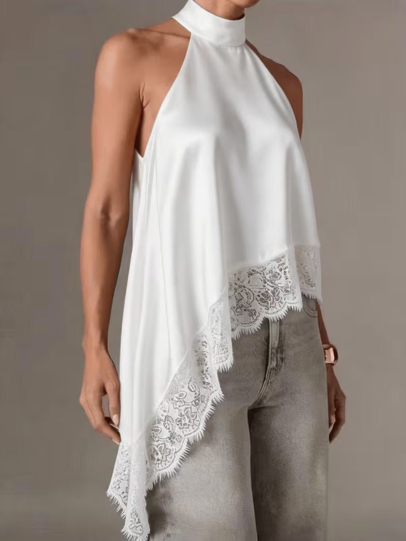 Women's Irregular Patchwork Halter Top – Elegant Lace Neck Sleeveless Blouse