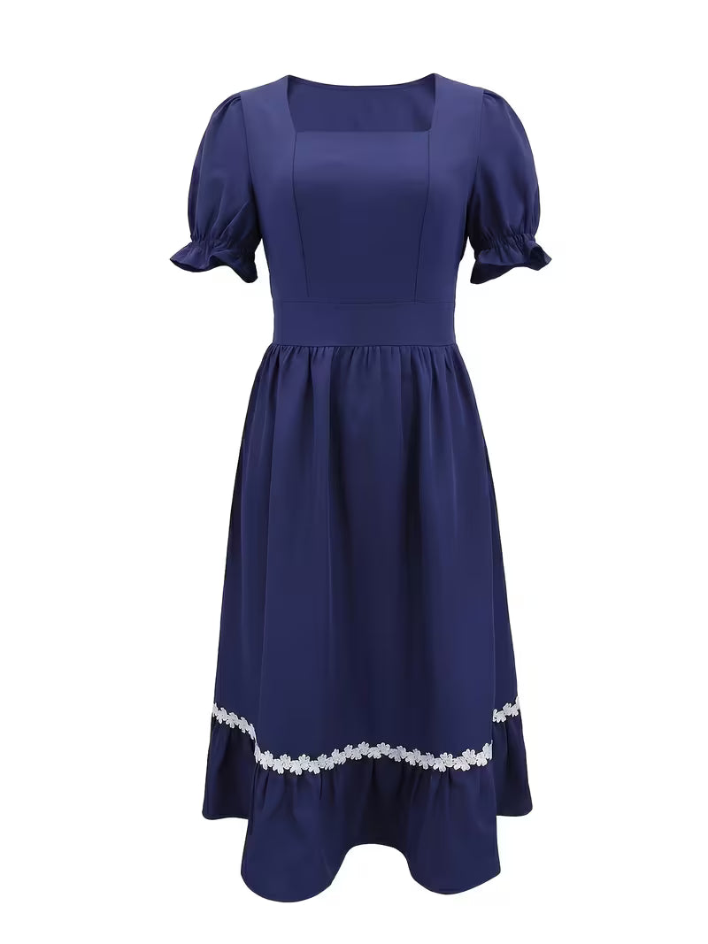 Women's Ombre Wrap-Front A-Line Dress – Square Neck Lace Trim Vacation Midi Dress