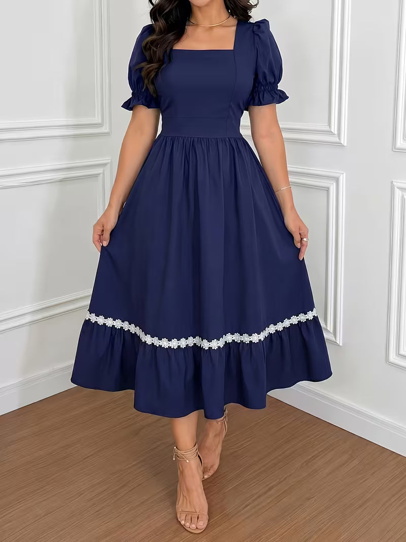 Women's Ombre Wrap-Front A-Line Dress – Square Neck Lace Trim Vacation Midi Dress