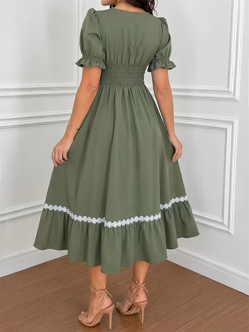 Women's Ombre Wrap-Front A-Line Dress – Square Neck Lace Trim Vacation Midi Dress