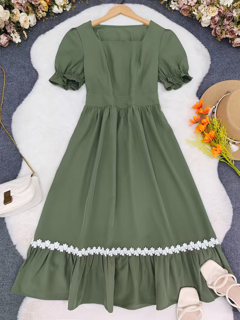 Women's Ombre Wrap-Front A-Line Dress – Square Neck Lace Trim Vacation Midi Dress