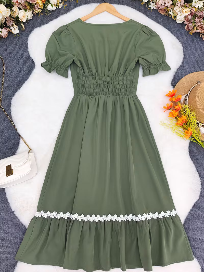 Women's Ombre Wrap-Front A-Line Dress – Square Neck Lace Trim Vacation Midi Dress