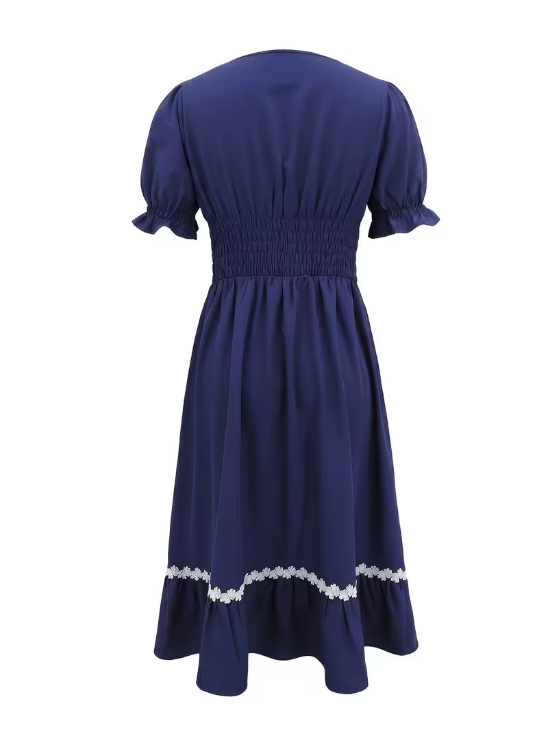 Women's Ombre Wrap-Front A-Line Dress – Square Neck Lace Trim Vacation Midi Dress