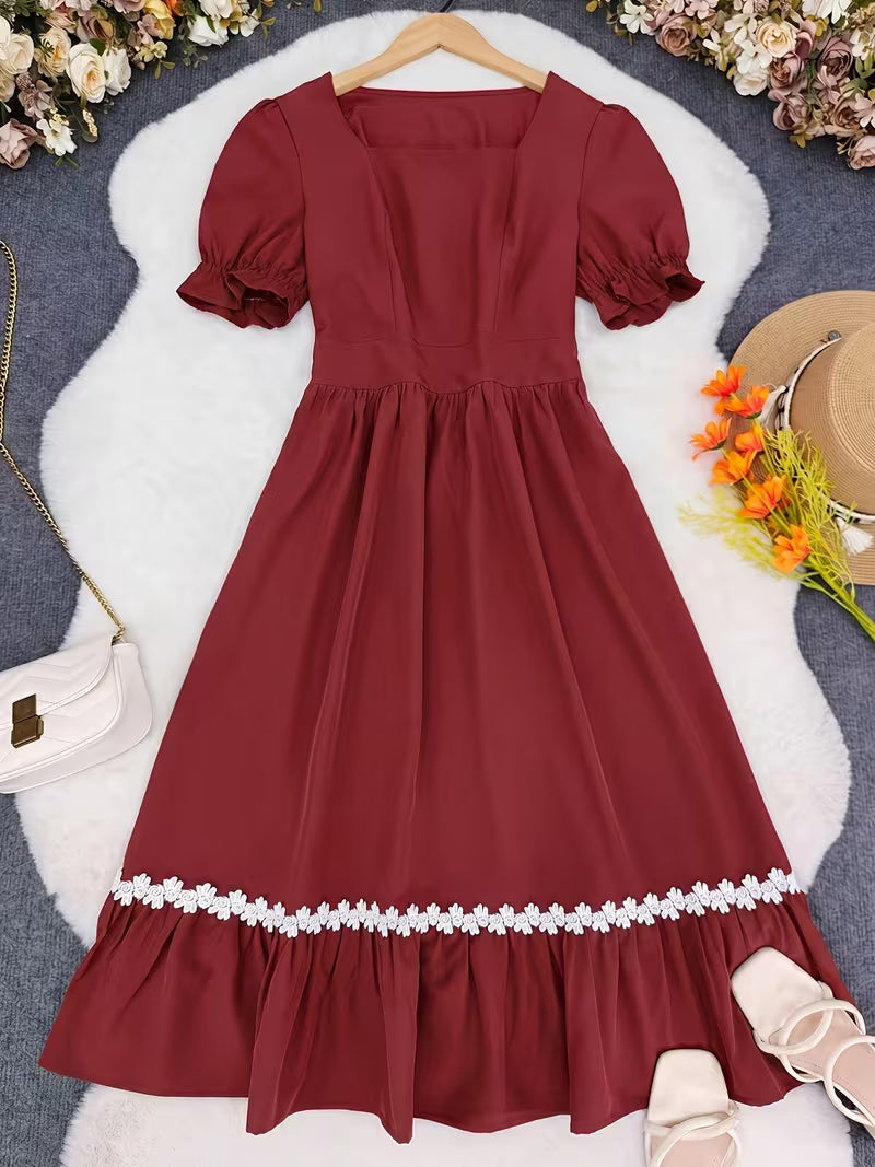 Women's Ombre Wrap-Front A-Line Dress – Square Neck Lace Trim Vacation Midi Dress