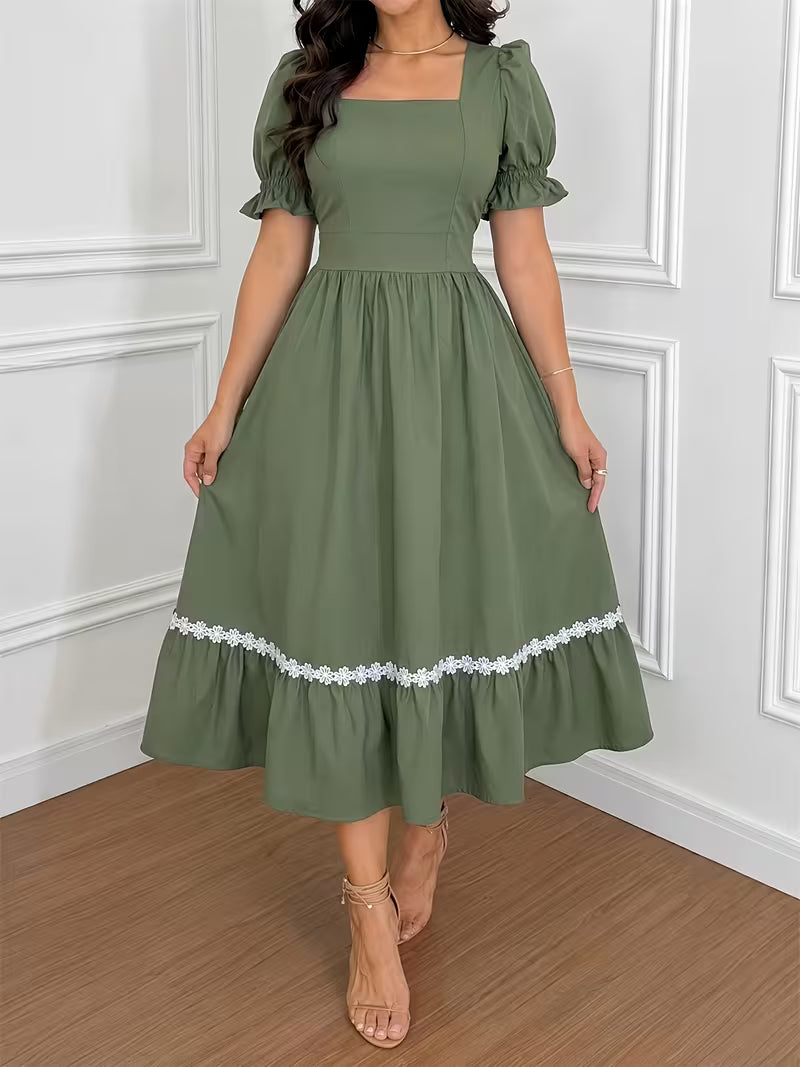Women's Ombre Wrap-Front A-Line Dress – Square Neck Lace Trim Vacation Midi Dress