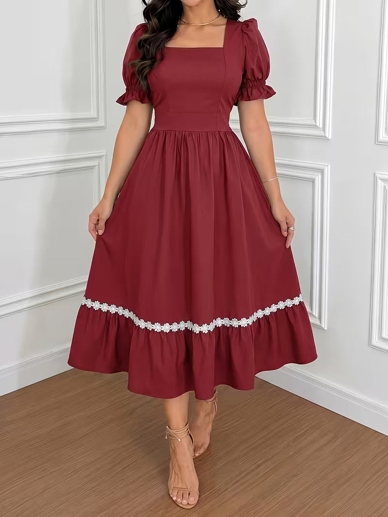 Women's Ombre Wrap-Front A-Line Dress – Square Neck Lace Trim Vacation Midi Dress