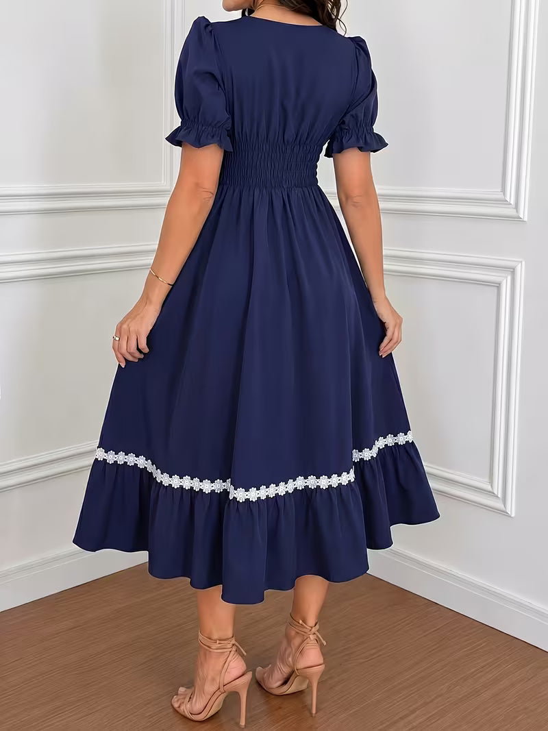Women's Ombre Wrap-Front A-Line Dress – Square Neck Lace Trim Vacation Midi Dress