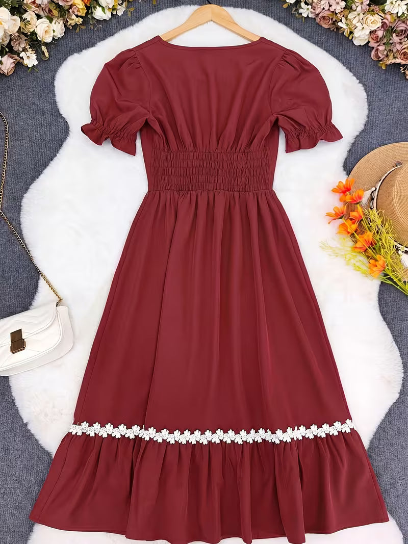 Women's Ombre Wrap-Front A-Line Dress – Square Neck Lace Trim Vacation Midi Dress
