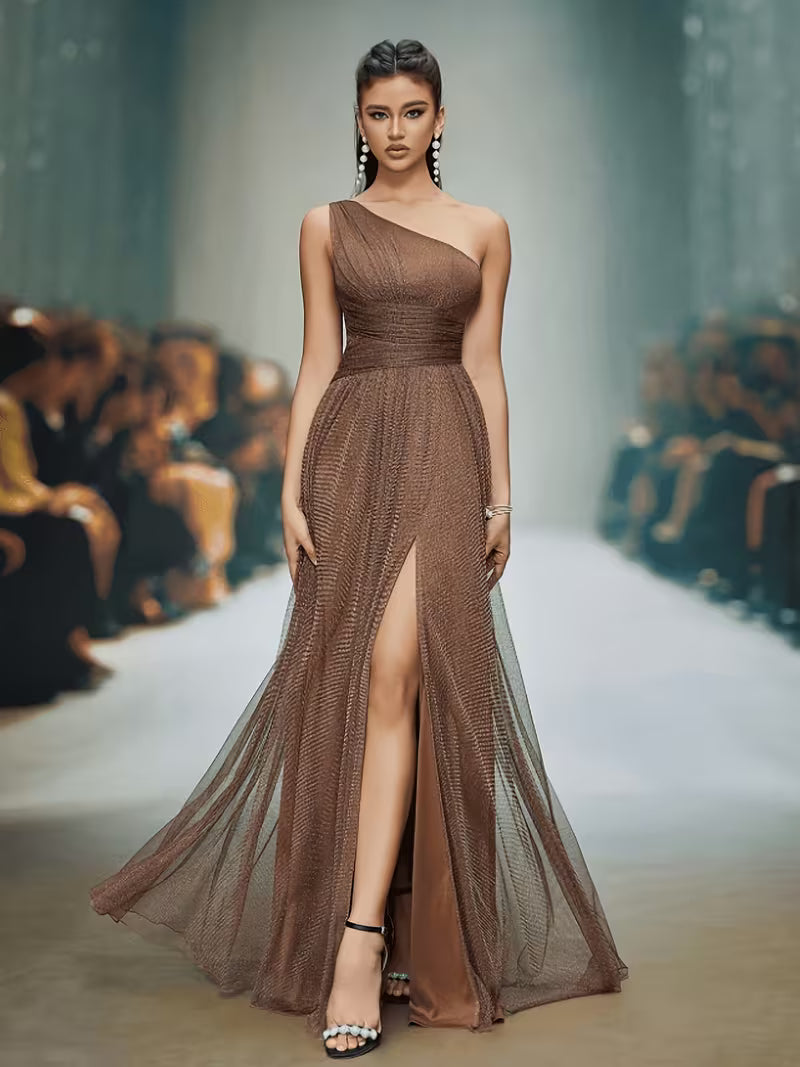 Women's One-Shoulder Mermaid Lace Chiffon Gown – Elegant Wedding Guest & Bridesmaid Dress