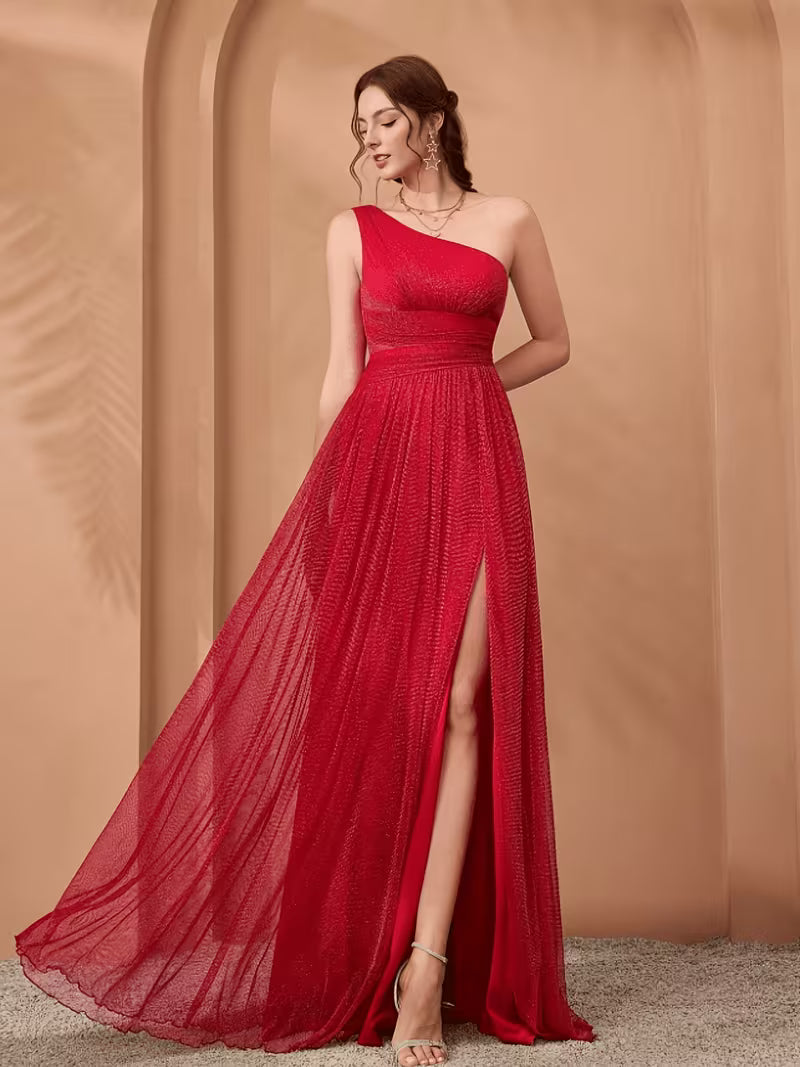 Women's One-Shoulder Mermaid Lace Chiffon Gown – Elegant Wedding Guest & Bridesmaid Dress