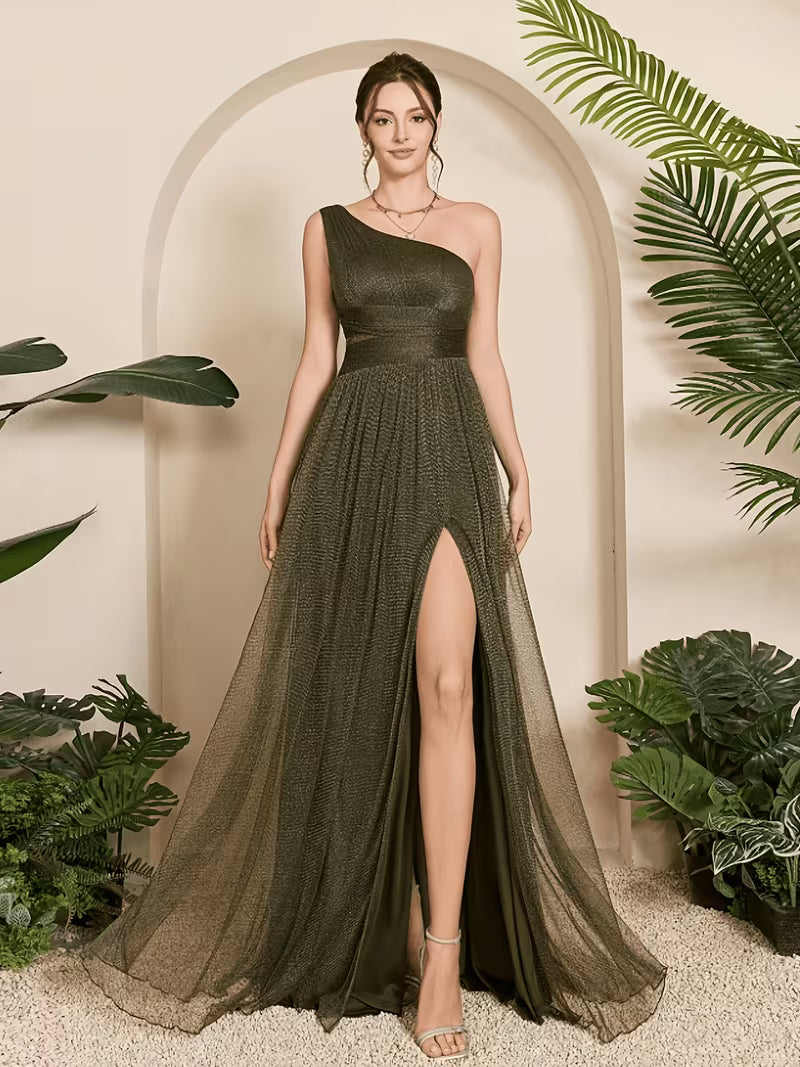 Women's One-Shoulder Mermaid Lace Chiffon Gown – Elegant Wedding Guest & Bridesmaid Dress