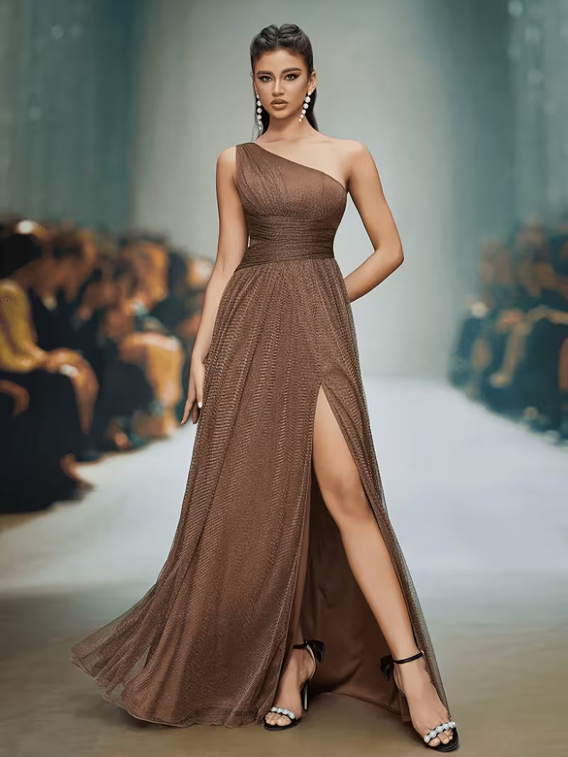 Women's One-Shoulder Mermaid Lace Chiffon Gown – Elegant Wedding Guest & Bridesmaid Dress
