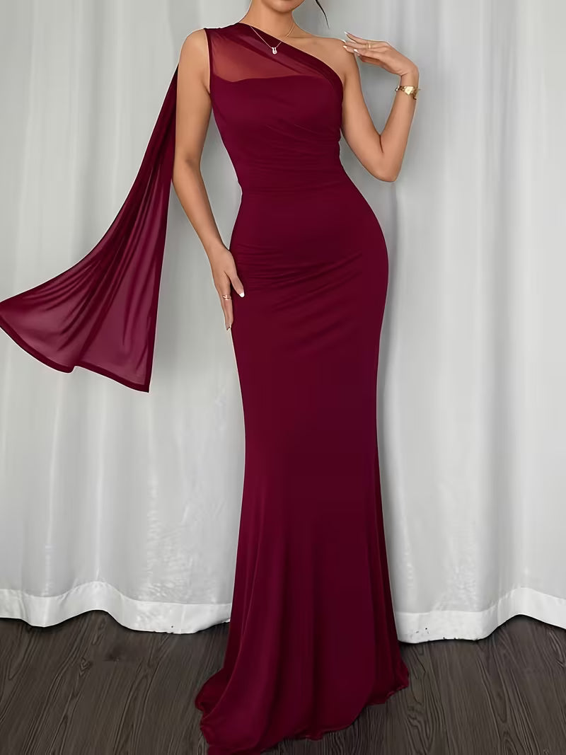 Women's One-Shoulder Mesh Bodycon Mermaid Gown – Ruched Waist Elegant Evening Dress