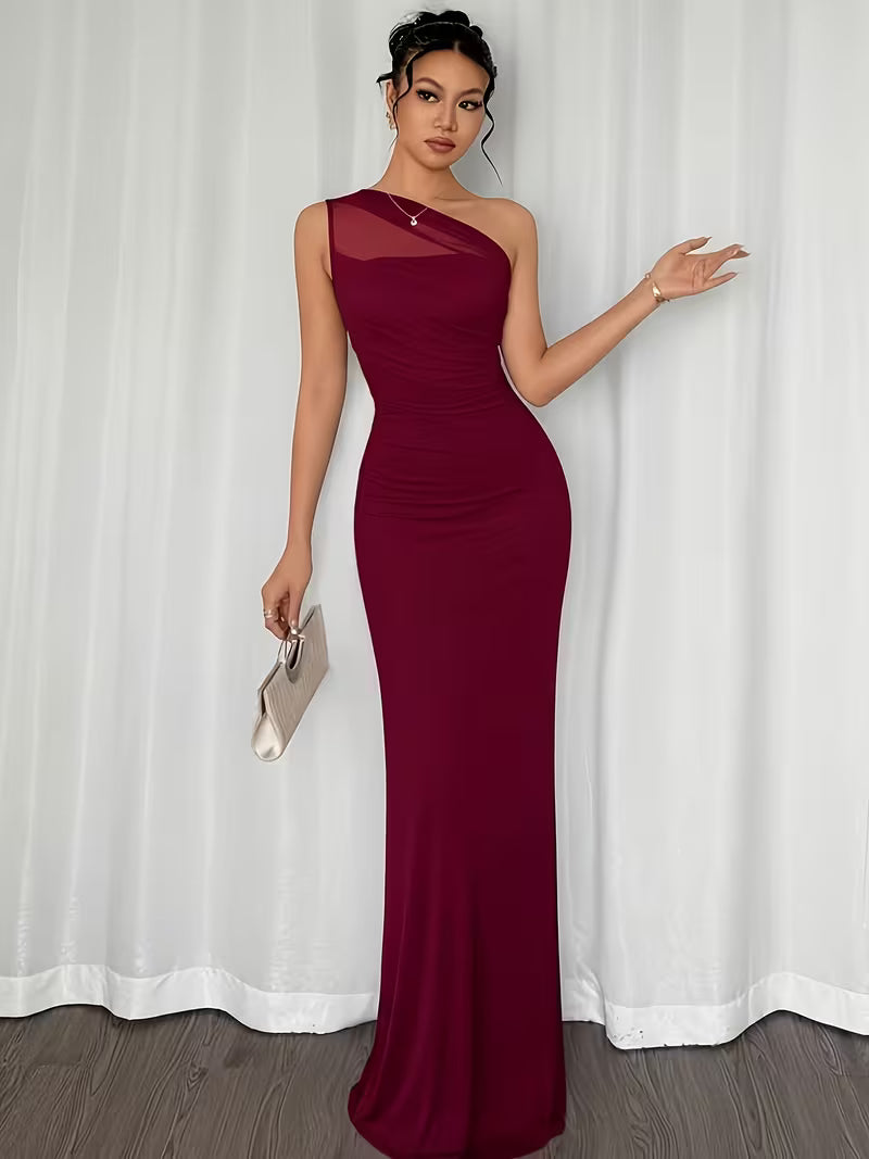 Women's One-Shoulder Mesh Bodycon Mermaid Gown – Ruched Waist Elegant Evening Dress