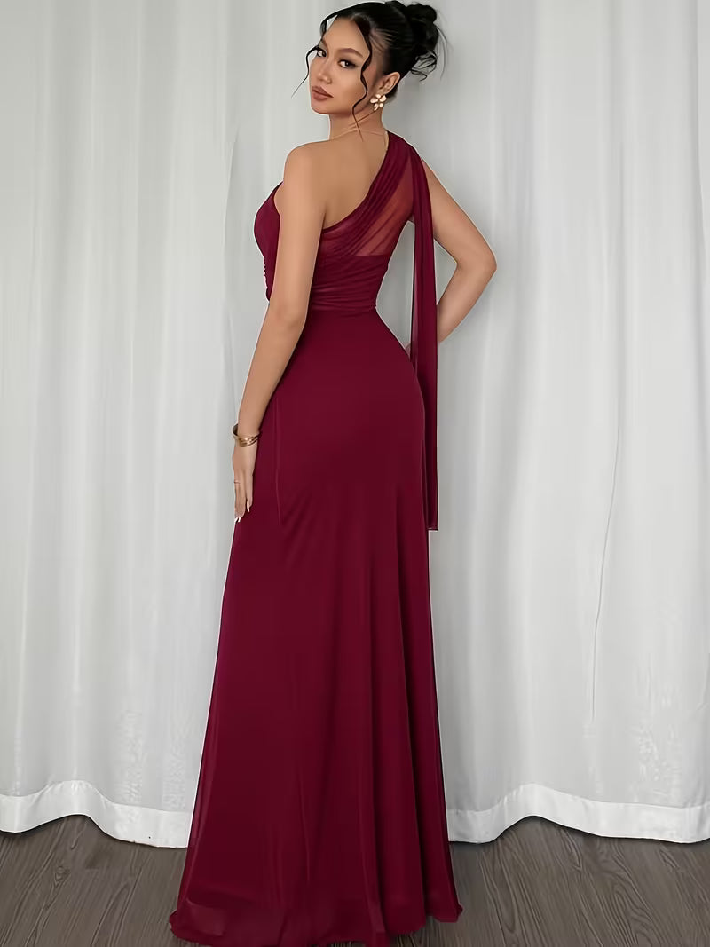 Women's One-Shoulder Mesh Bodycon Mermaid Gown – Ruched Waist Elegant Evening Dress