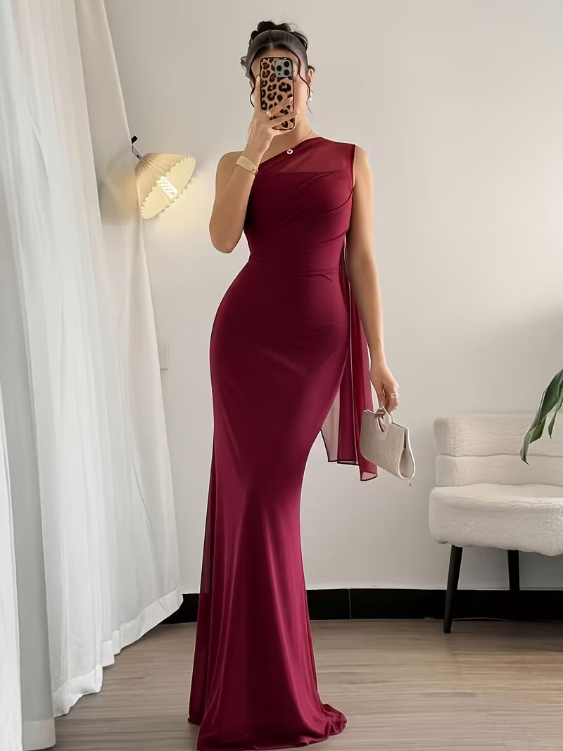 Women's One-Shoulder Mesh Bodycon Mermaid Gown – Ruched Waist Elegant Evening Dress