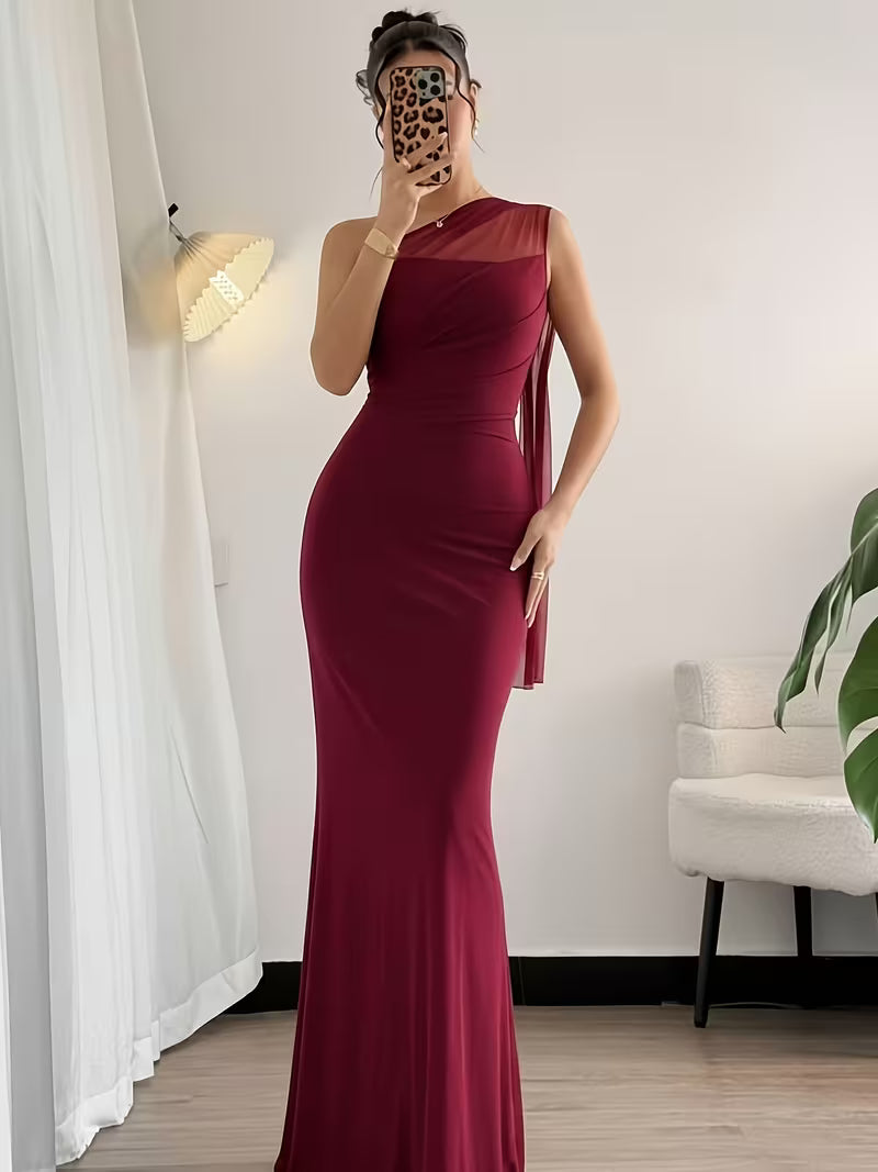 Women's One-Shoulder Mesh Mermaid Gown – Ruched Waist Bodycon Evening & Wedding Dress