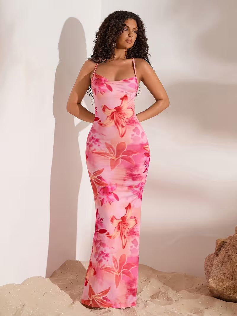 Women's Pink Floral Off-Shoulder Mermaid Dress – Elegant Sleeveless Bodycon Formal Dress