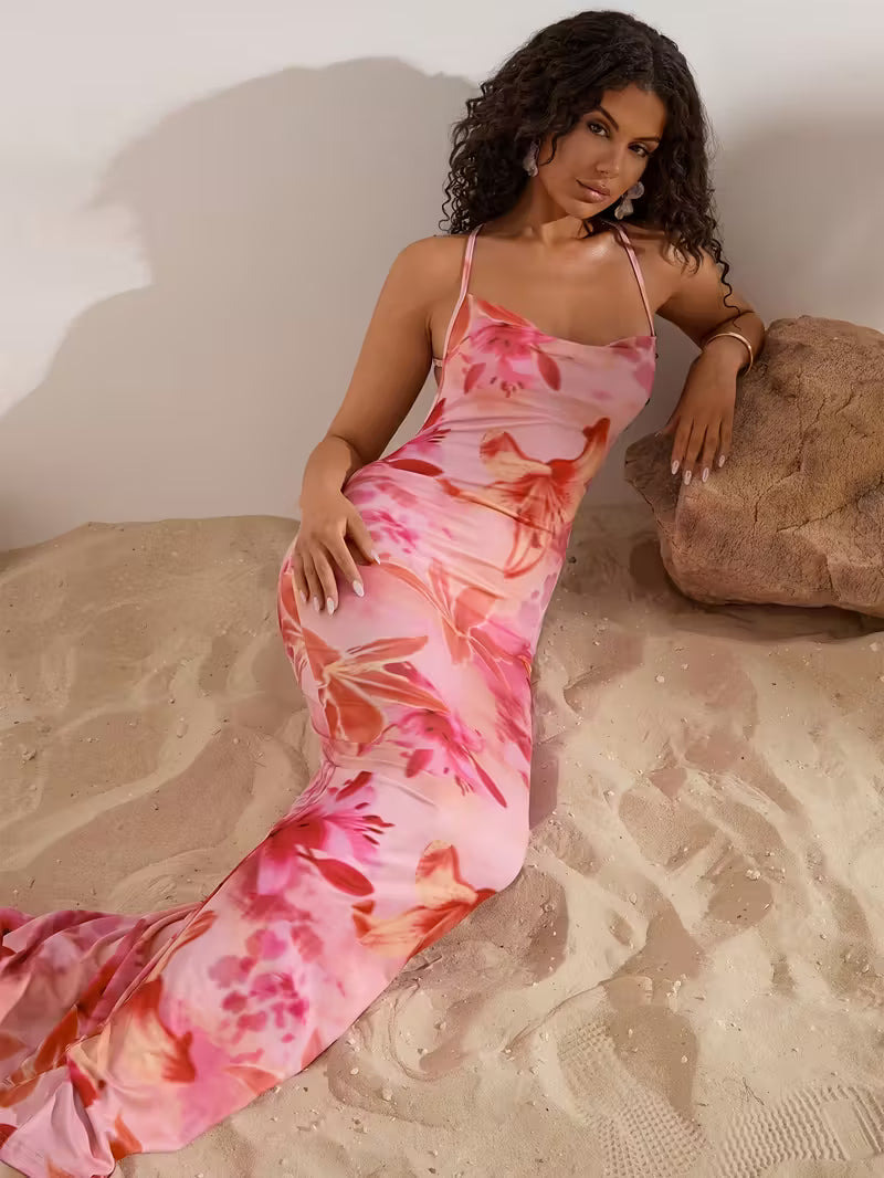Women's Pink Floral Off-Shoulder Mermaid Dress – Elegant Sleeveless Bodycon Formal Dress