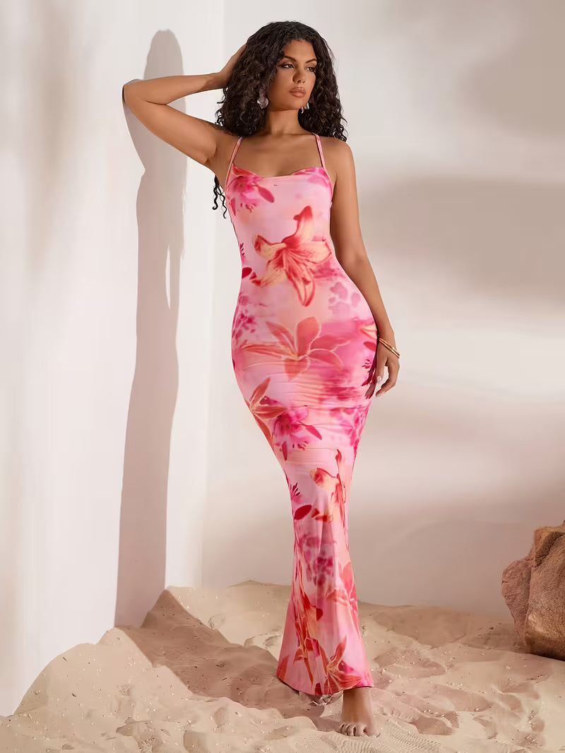 Women's Pink Floral Off-Shoulder Mermaid Dress – Elegant Sleeveless Bodycon Formal Dress