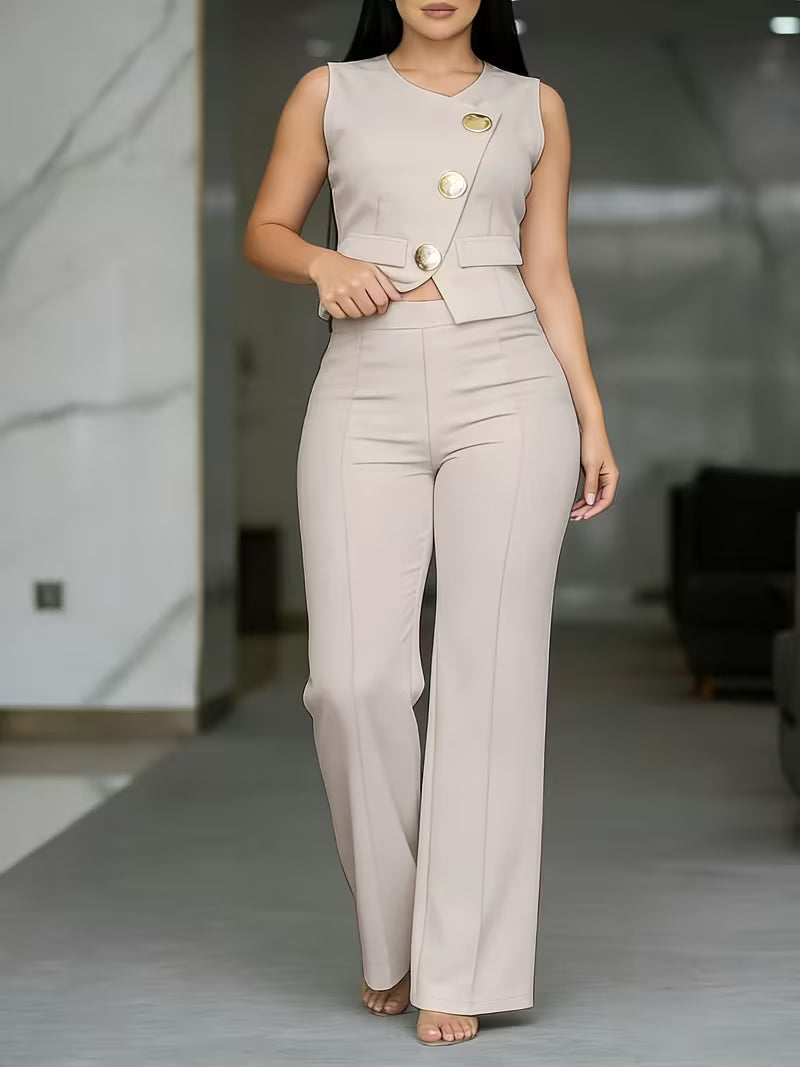 Women's Sleeveless Waist-Cinching Two-Piece Pants Set – Elegant Button-Front Summer Outfit