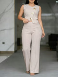 Women's Sleeveless Waist-Cinching Two-Piece Pants Set – Elegant Button-Front Summer Outfit