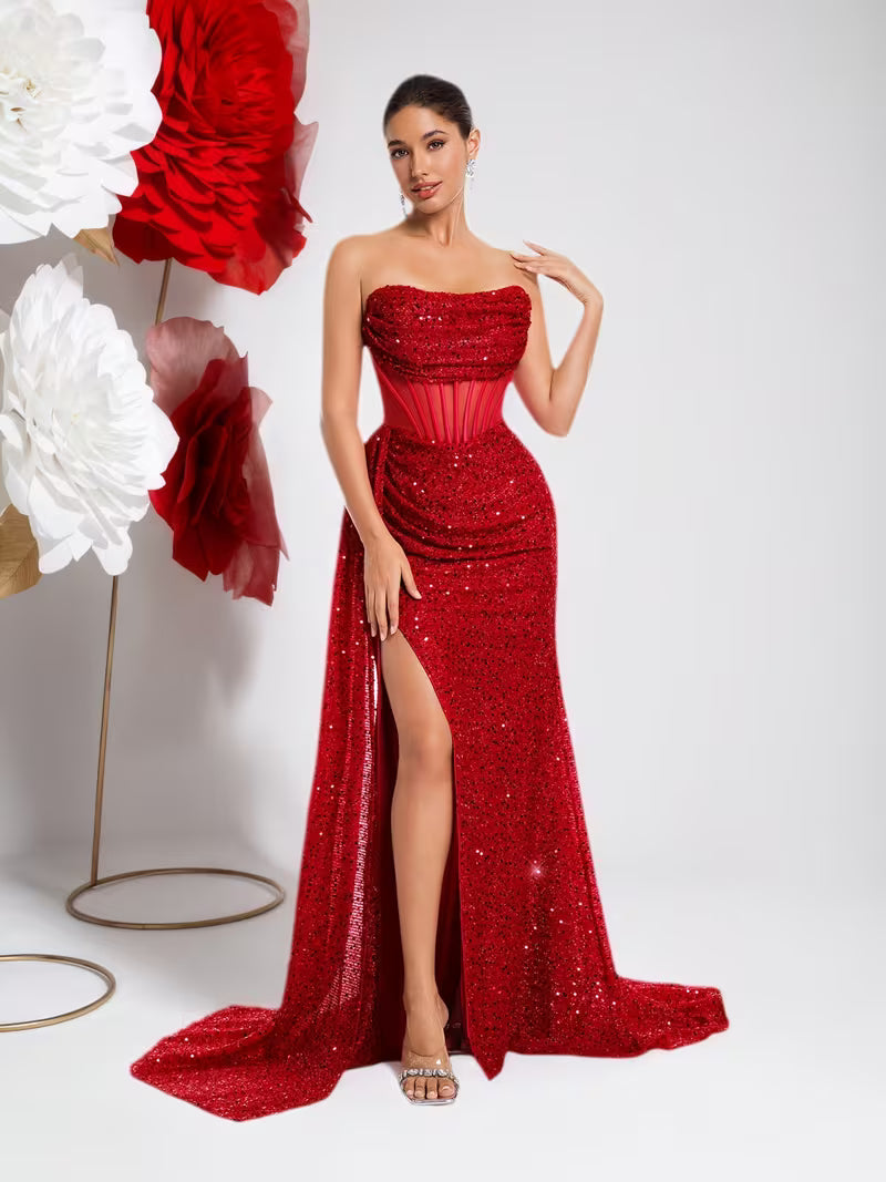 Women's Strapless Sequin Mermaid Evening Gown – High Slit Open Back Formal Dress