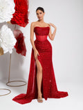 Women's Strapless Sequin Mermaid Evening Gown – High Slit Open Back Formal Dress