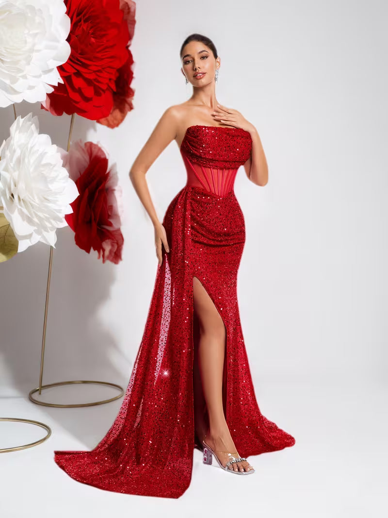 Women's Strapless Sequin Mermaid Evening Gown – High Slit Open Back Formal Dress