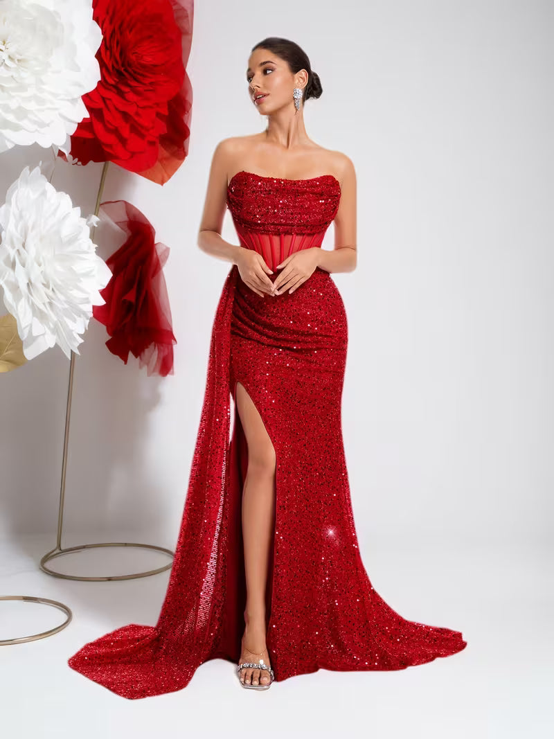 Women's Strapless Sequin Mermaid Evening Gown – High Slit Open Back Formal Dress