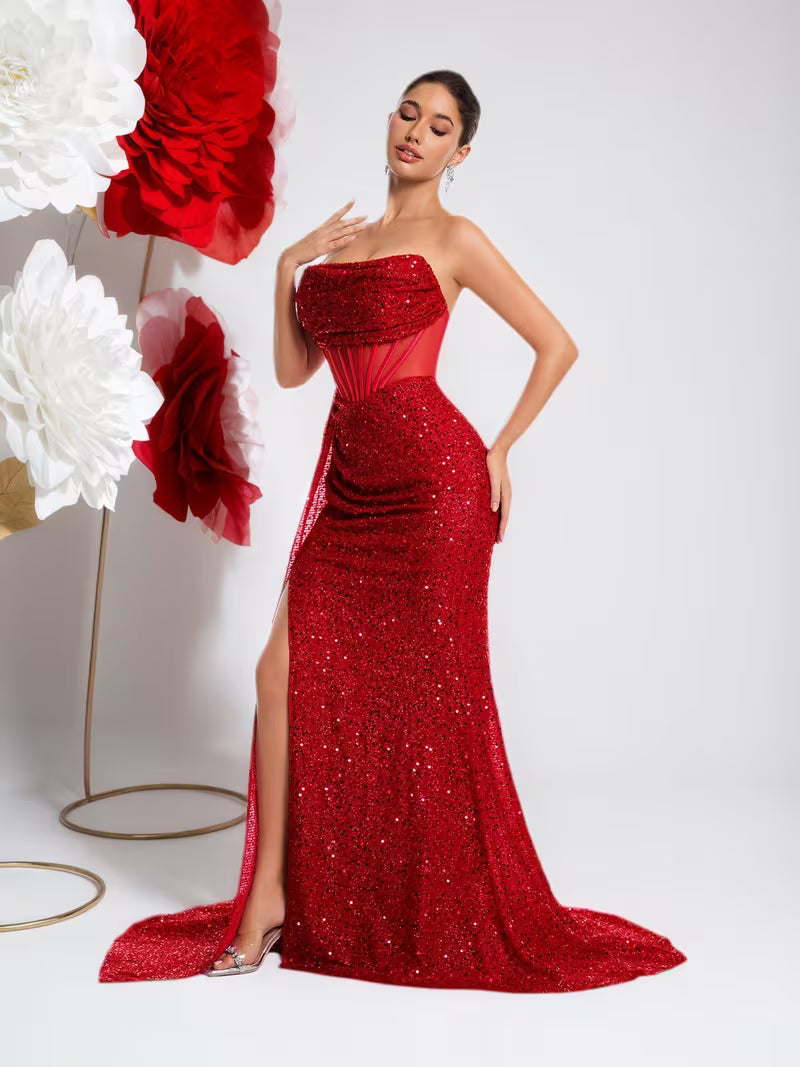 Women's Strapless Sequin Mermaid Evening Gown – High Slit Open Back Formal Dress