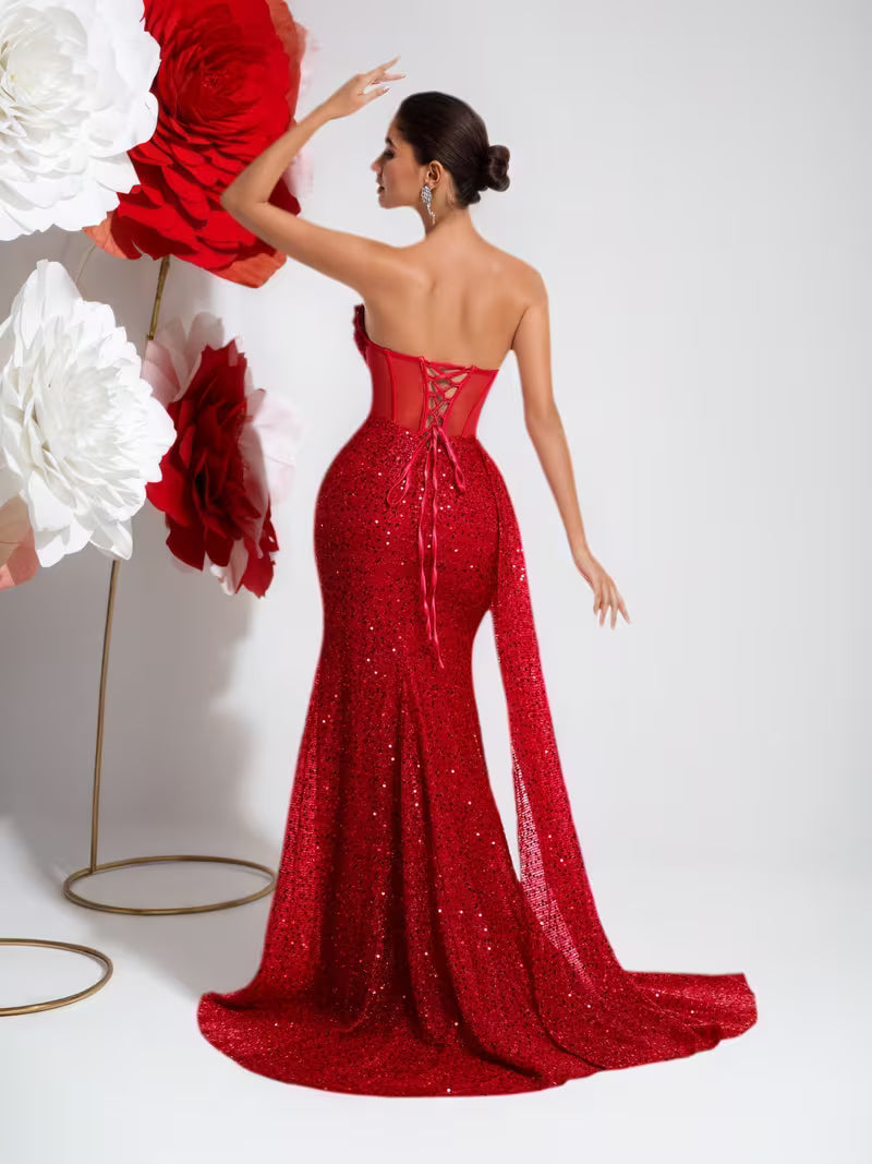 Women's Strapless Sequin Mermaid Evening Gown – High Slit Open Back Formal Dress