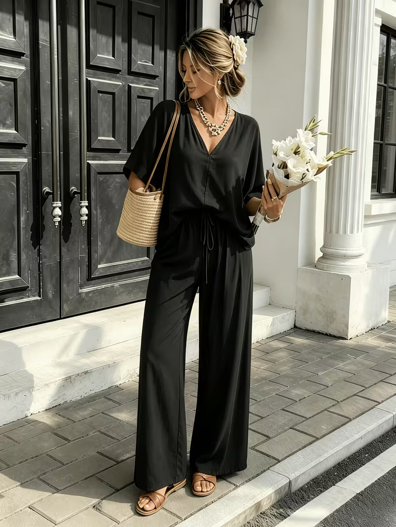 Women's Summer Two-Piece Lounge Set – V-Neck Short Sleeve Top & High-Waisted Wide-Leg Capri Pants