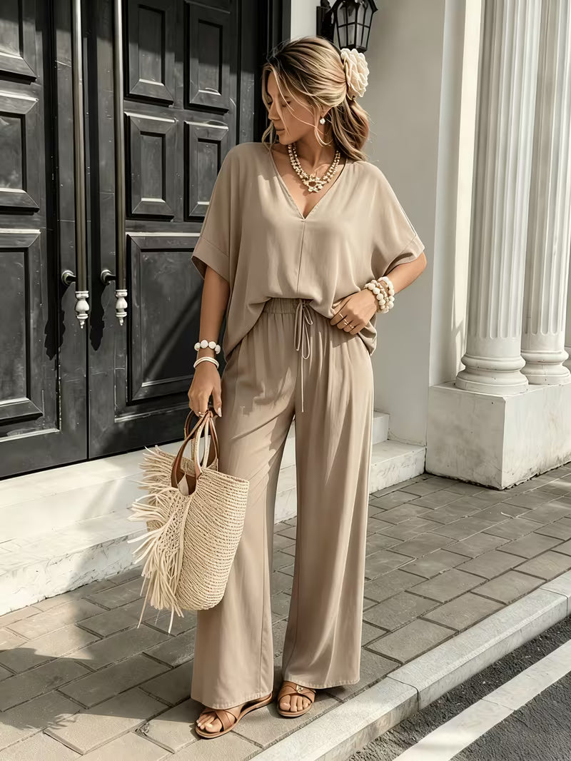 Women's Summer Two-Piece Lounge Set – V-Neck Short Sleeve Top & High-Waisted Wide-Leg Capri Pants