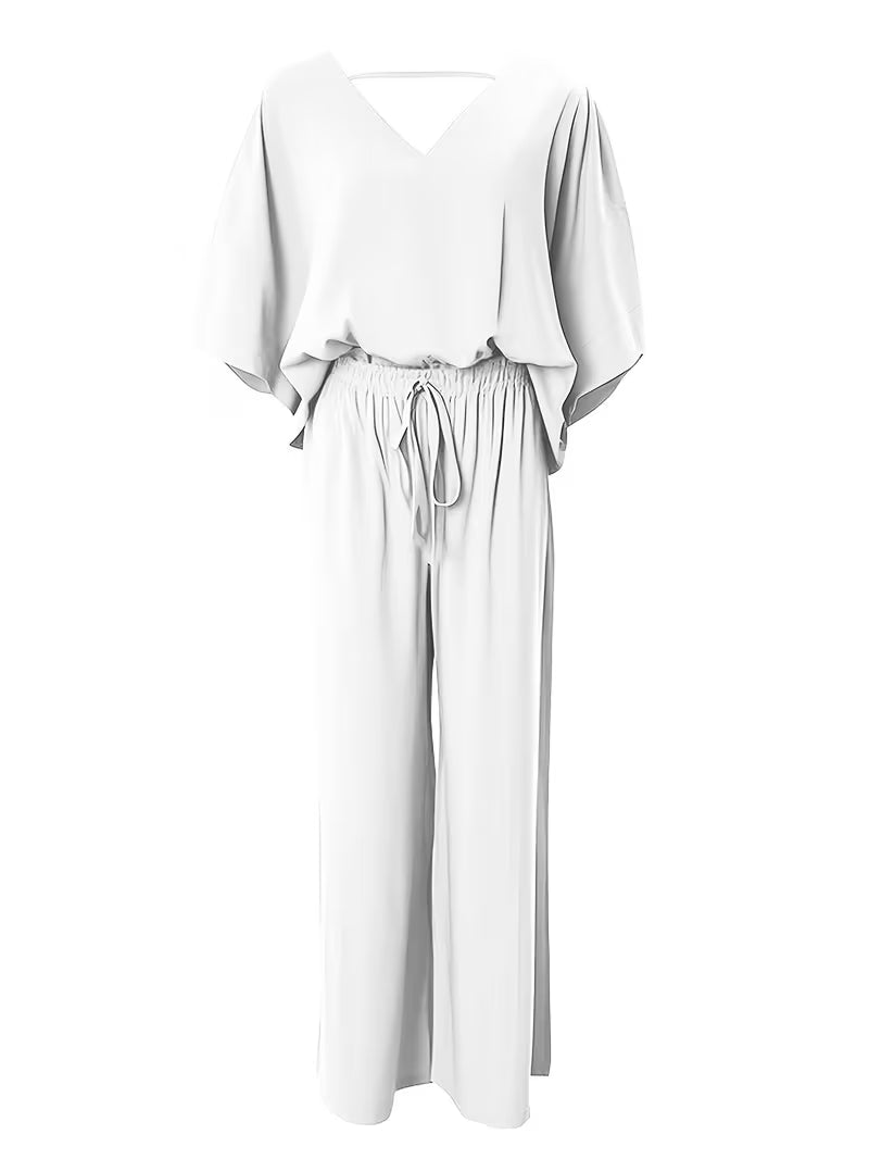 Women's Summer Two-Piece Lounge Set – V-Neck Short Sleeve Top & High-Waisted Wide-Leg Capri Pants