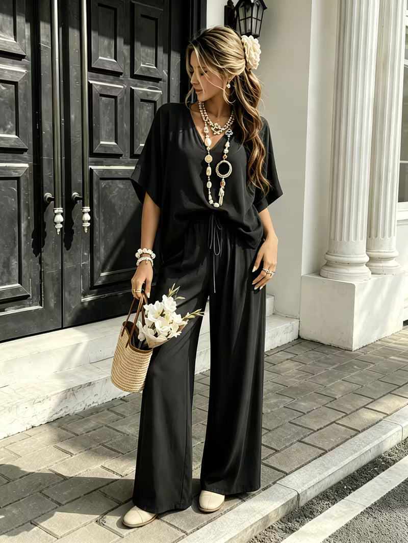 Women's Summer Two-Piece Lounge Set – V-Neck Short Sleeve Top & High-Waisted Wide-Leg Capri Pants