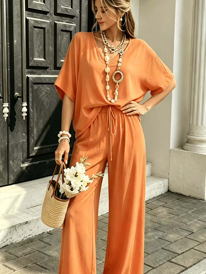 Women's Summer Two-Piece Lounge Set – V-Neck Short Sleeve Top & High-Waisted Wide-Leg Capri Pants